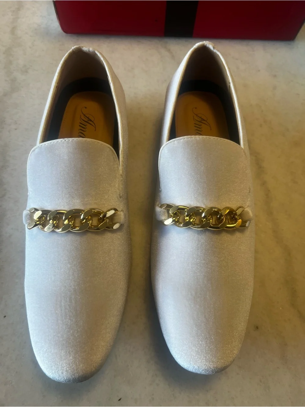 Amalfi White Velvet Loafers with Gold Chain Accent